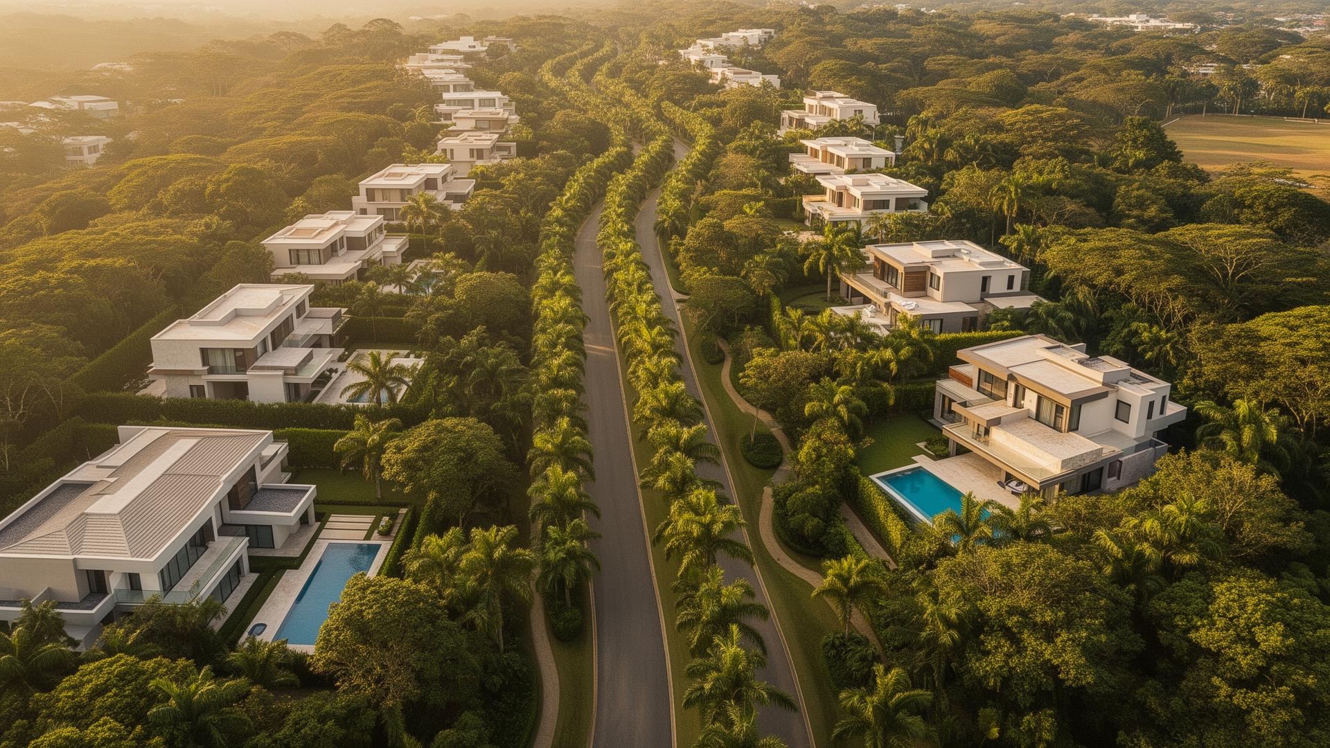Vista aérea de condomínio fechado em Alphaville, com alamedas arborizadas e mansões contemporâneas